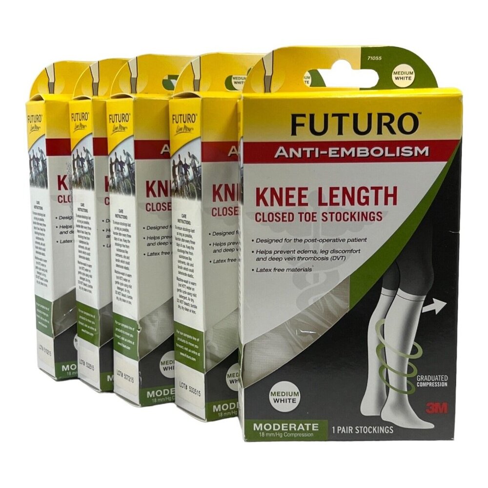 Futuro Stockings Unisex M Anti Embolism Knee Length Closed Toe White 71055 5 PK